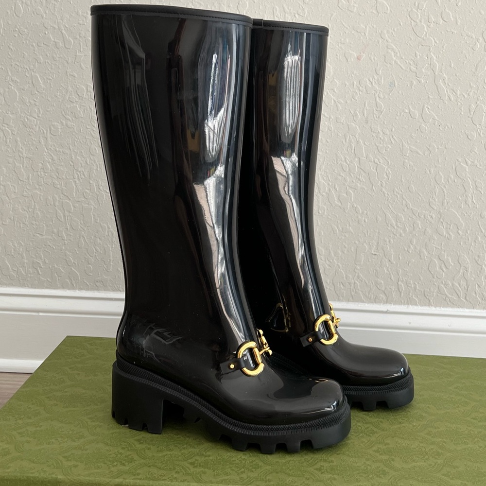NEW GUCCI Knee High Rubber Horsebit Tall Rain Boot Nero Black Horse Size 5 - Picture 2 of 7